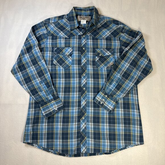 Wrangler Wrancher Vintage Western Pearl Snap L/S Shirt - Men's XLT Blue Plaid - Picture 1 of 7